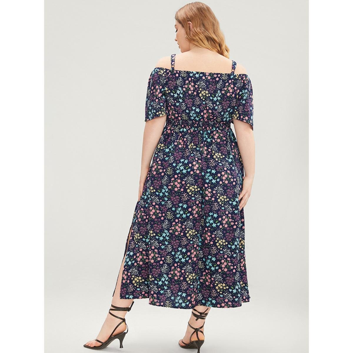 Plus Size Ditsy Floral Ruffles Pocket Shirred Split Hem Cami Dress Navy Women Vacation Adjustable Straps Spaghetti Strap Short sleeve Curvy Midi Dress BloomChic 22-24/3X Product Image
