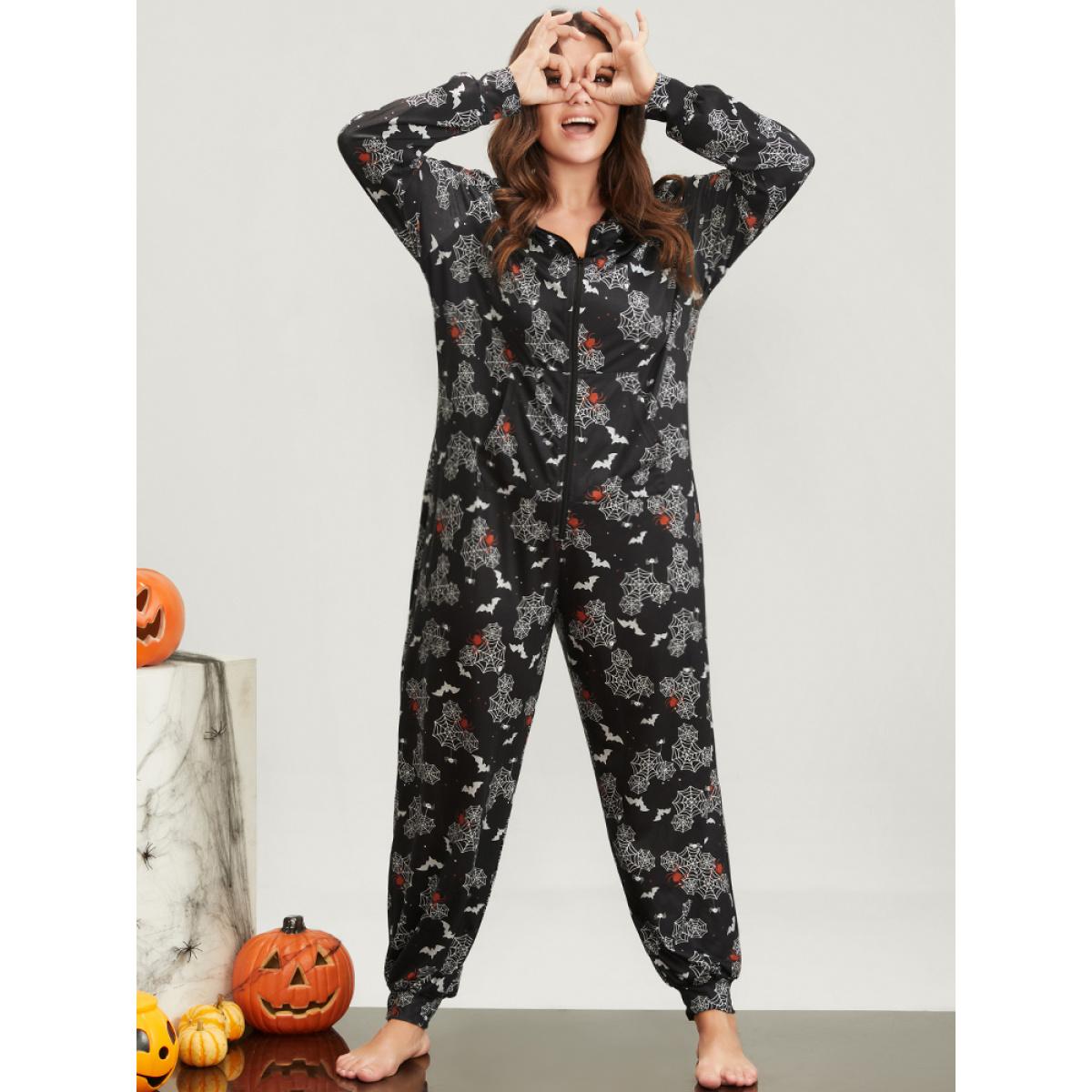 Plus Size Halloween Print Pocket Zip Up Jumpsuit Women Black Elegant Graphic-Halloween Zipper Hooded Pocket Loungewear BloomChic 14-16/1X Product Image