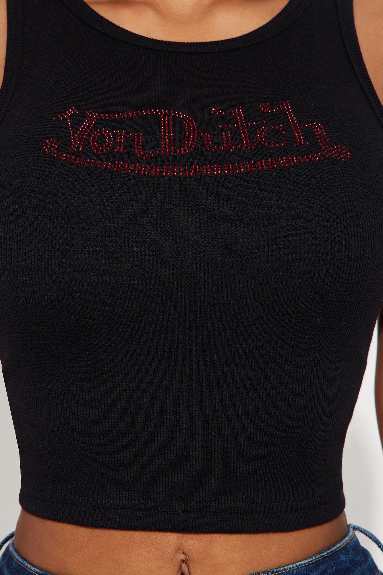 Von Dutch Rhinestone Cropped Tank Top - Black/Red Product Image