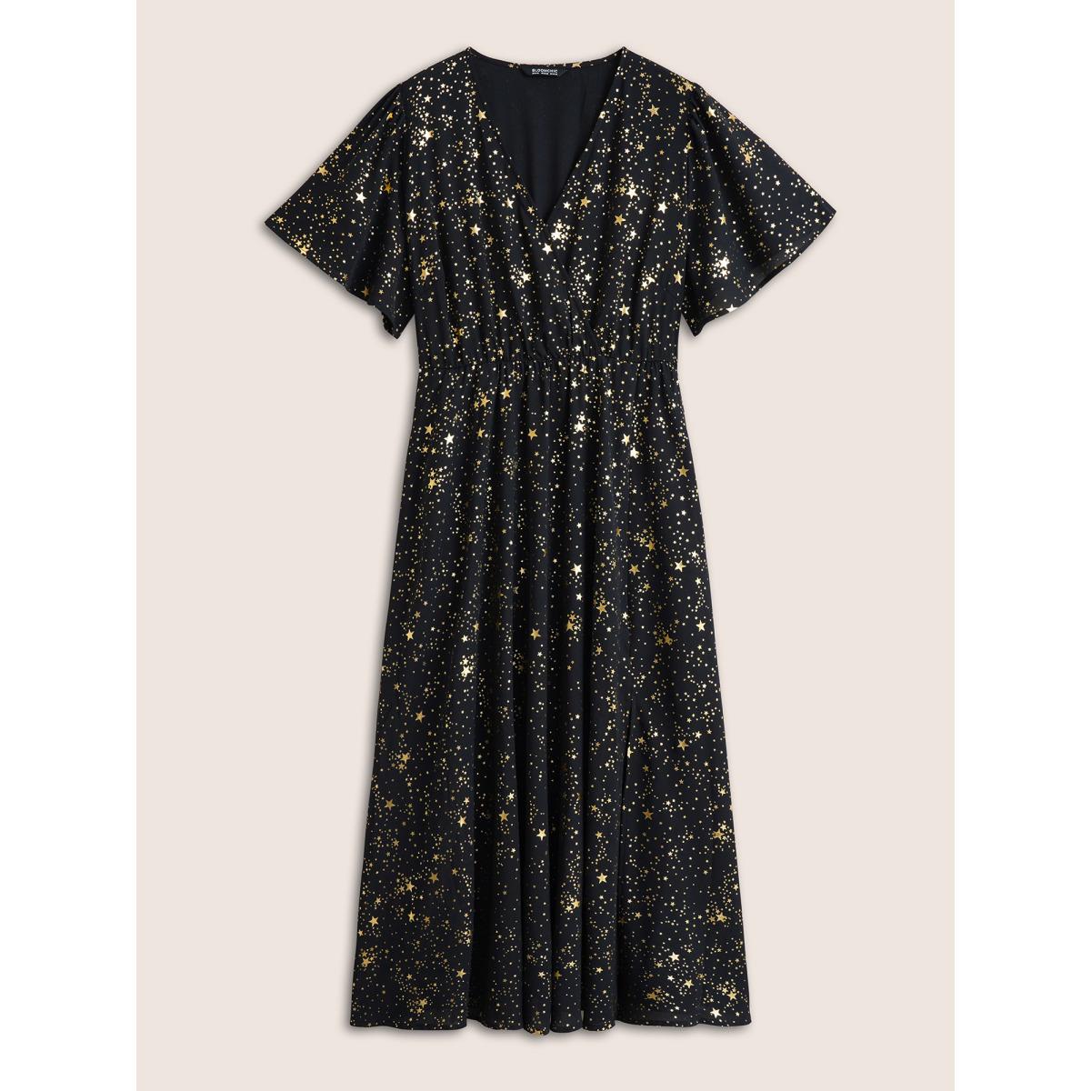 Moon and Star Galaxy Print Plus Size Dress Women Party Pocket Ruffle Sleeve Short Sleeve V Neck Pocket Going out Long Dress BloomChic Product Image