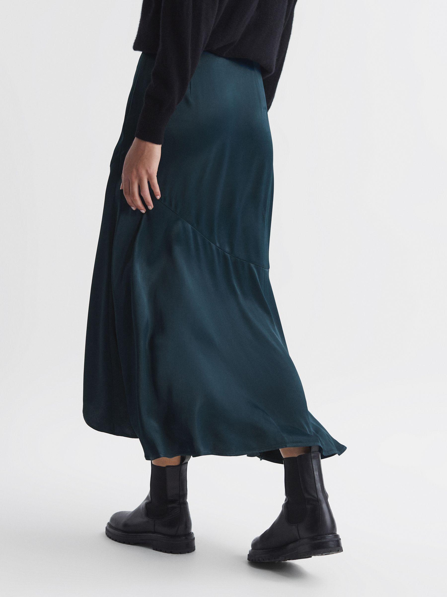 Satin High Rise Midi Skirt in Teal Product Image