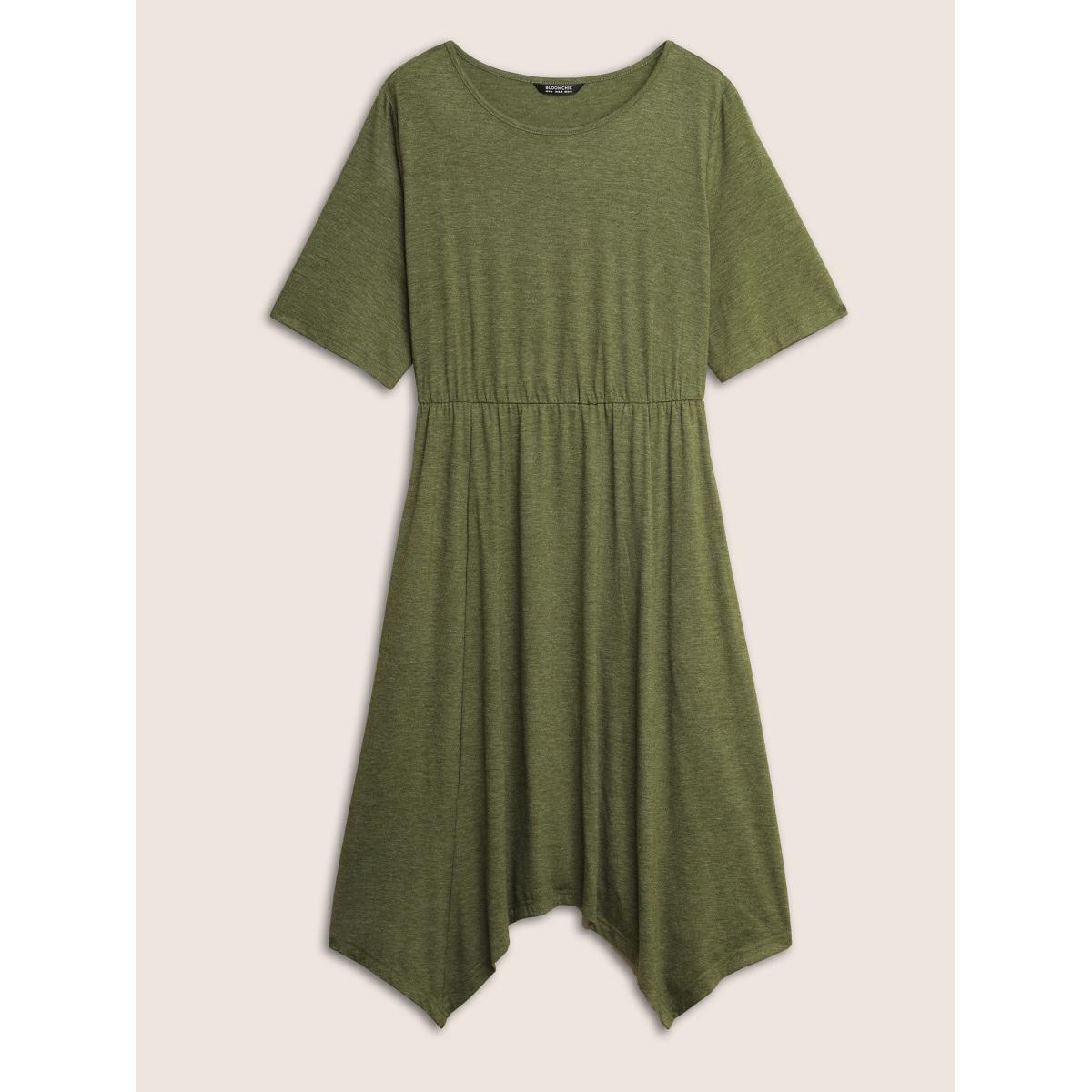 Plus Size Supersoft Essentials Solid Hanky Hem Dress Sage Women Casual Non Round Neck Short sleeve Curvy Midi Dress BloomChic 18-20/2X Product Image