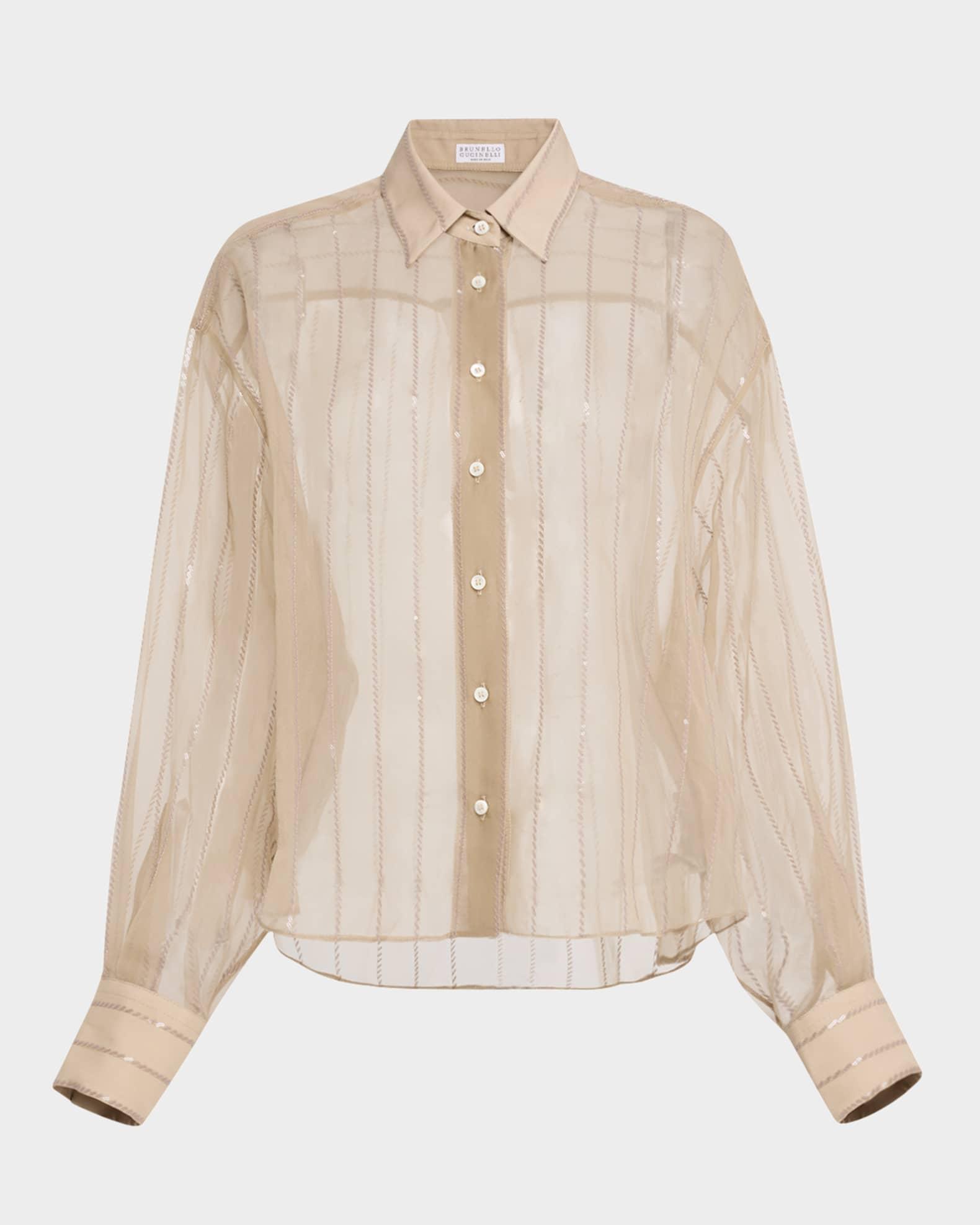 Striped Paillette Crispy Silk Chiffon Button-Down Blouse Product Image