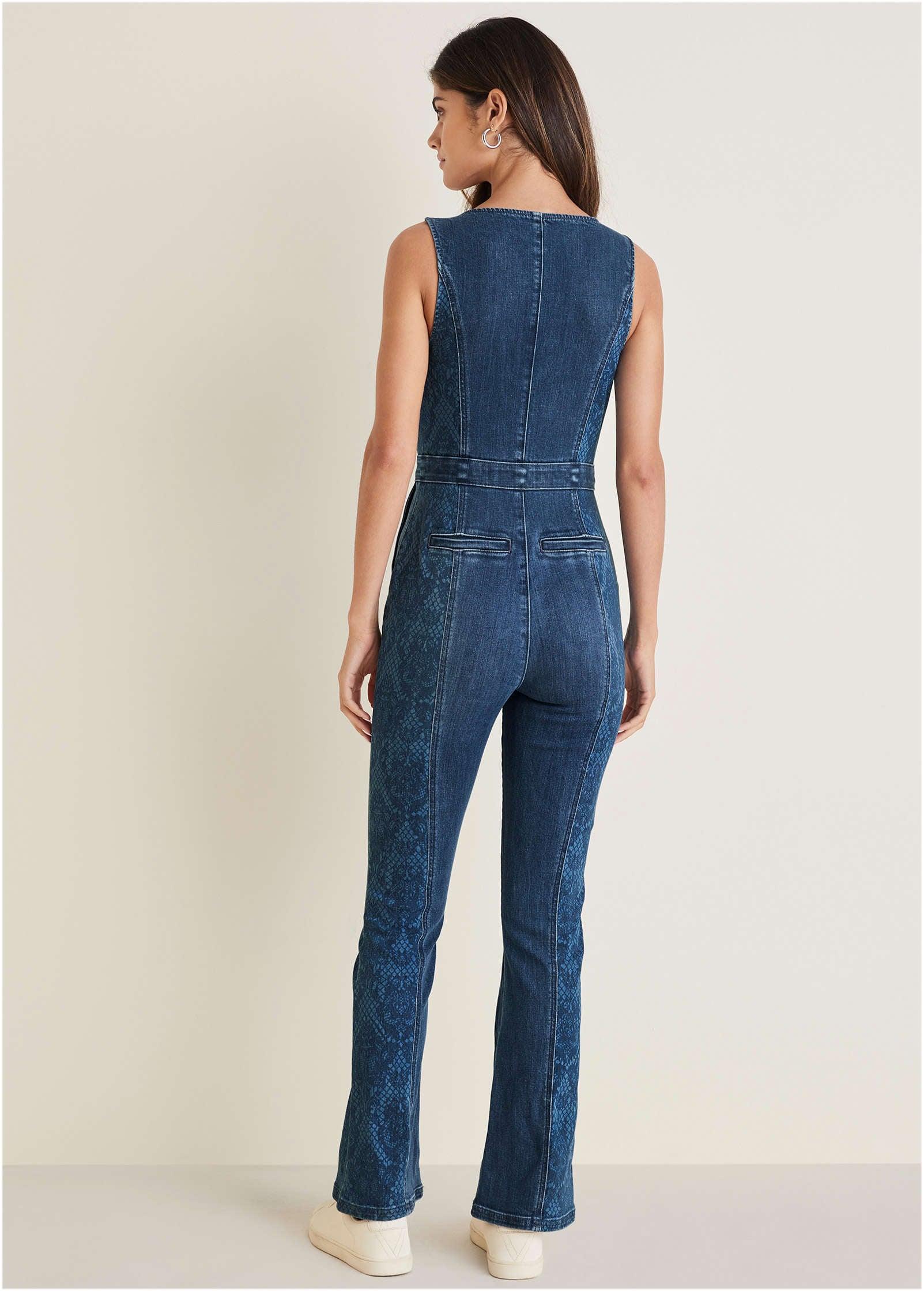 Lace Print Denim Jumpsuit - Medium Wash Product Image