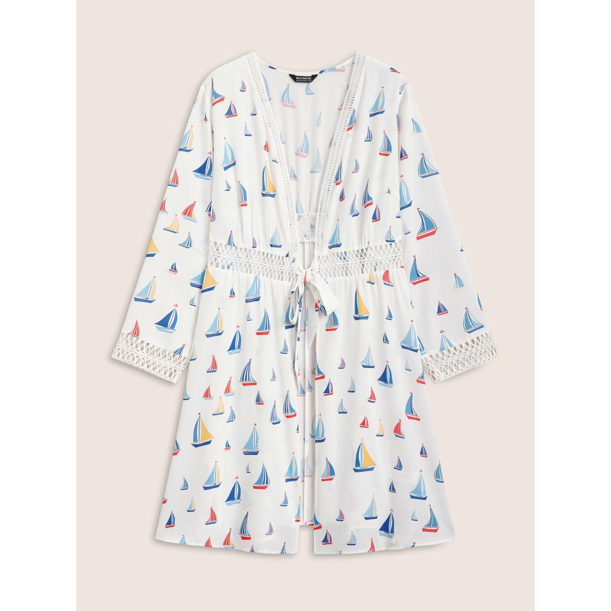 Plus Size Marine Elements Knotted Cut Out Kimono Women Indigo Resort Contrast Vacation Kimonos BloomChic 10/M Product Image