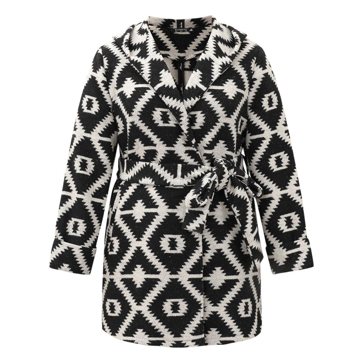 Plus Size Geometric Lapel Collar Pocket Belted Coat Women DarkGray Casual Belted Ladies Dailywear Winter Coats BloomChic 30/6X Product Image