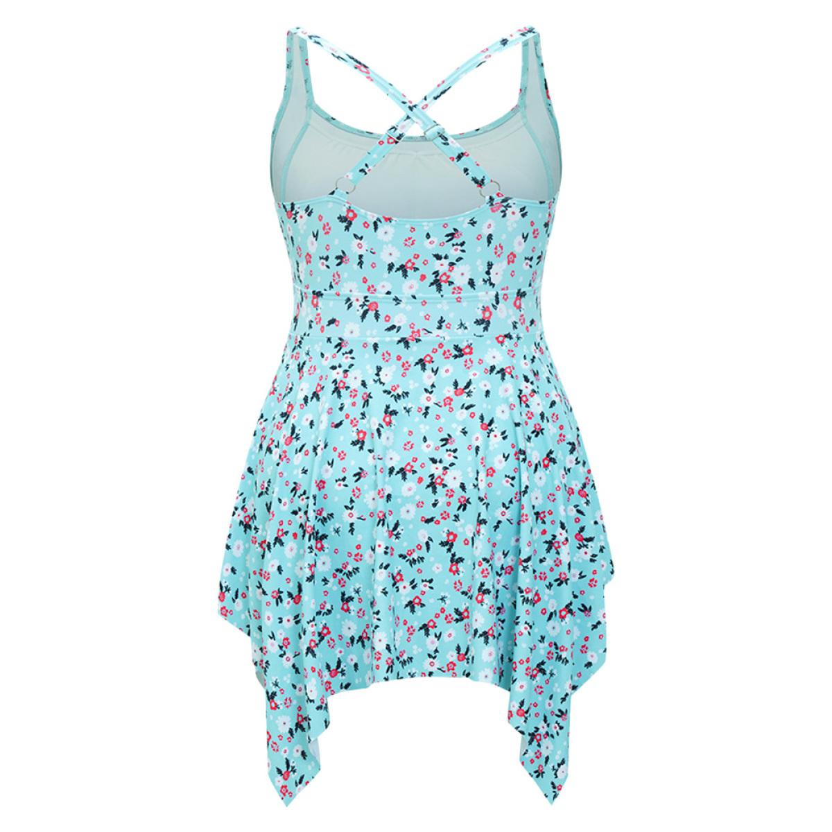 Plus Size Ditsy Floral Knot Front Crossover Hanky Hem Swim Dress Women's Swimwear Turquoise Vacation Bodycon Round Neck High stretch Curve Swim Dresses BloomChic 28/5X Product Image