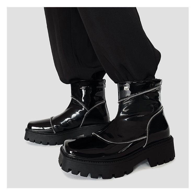 Platform Square Toe Plain Zipped Genuine Leather Short Boots Product Image