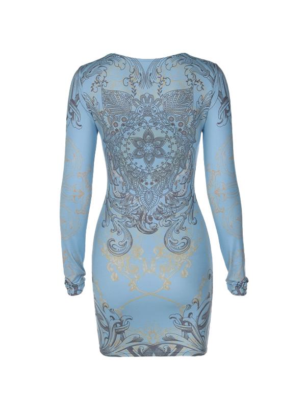 Vintage Rhinestone Print Long Sleeve Mini Dress Product Image