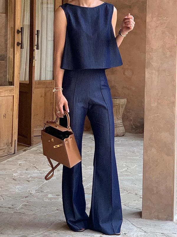 Loose Sleeveless Solid Color Split-Joint Boat Neck Vest Top Product Image