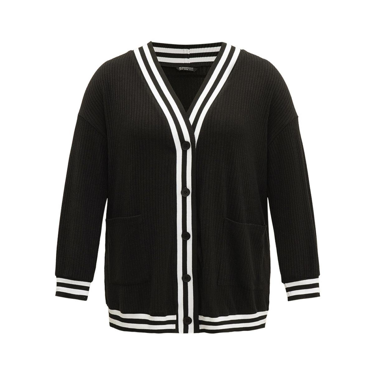 Plus Size Halloween Patchwork Striped Pocket Button Up Rib Knit Coat Women Black Casual Patchwork Ladies Dailywear Winter Coats BloomChic 30/6X Product Image