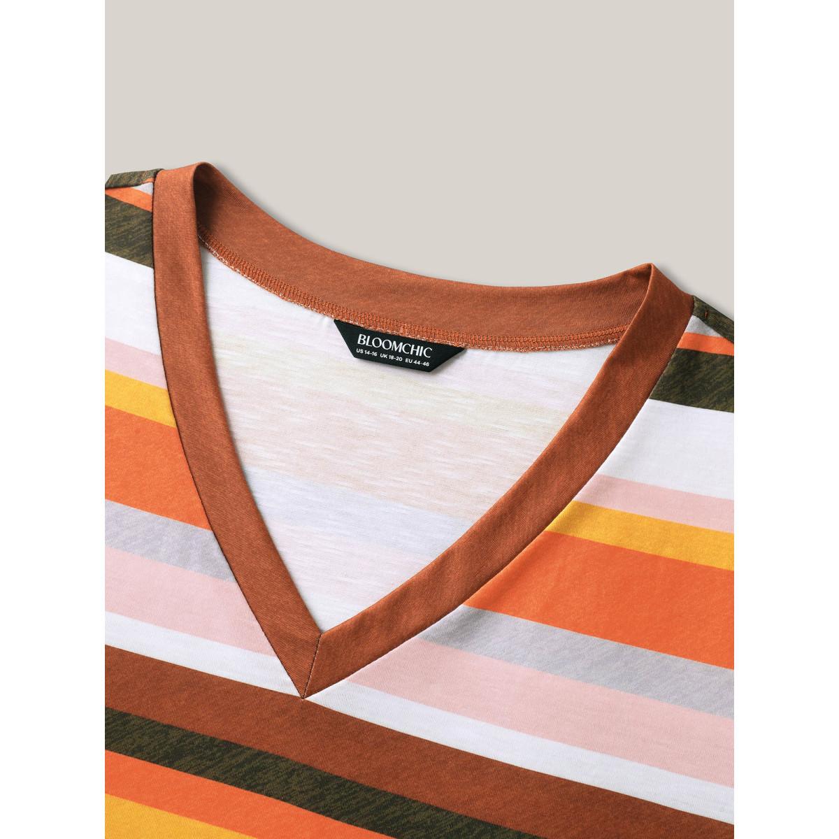 Plus Size Bamboo Stretchy Colorful Stripes T-Shirt Multicolor Women Playful Contrast V-neck Casual T-shirts BloomChic 10/M Product Image