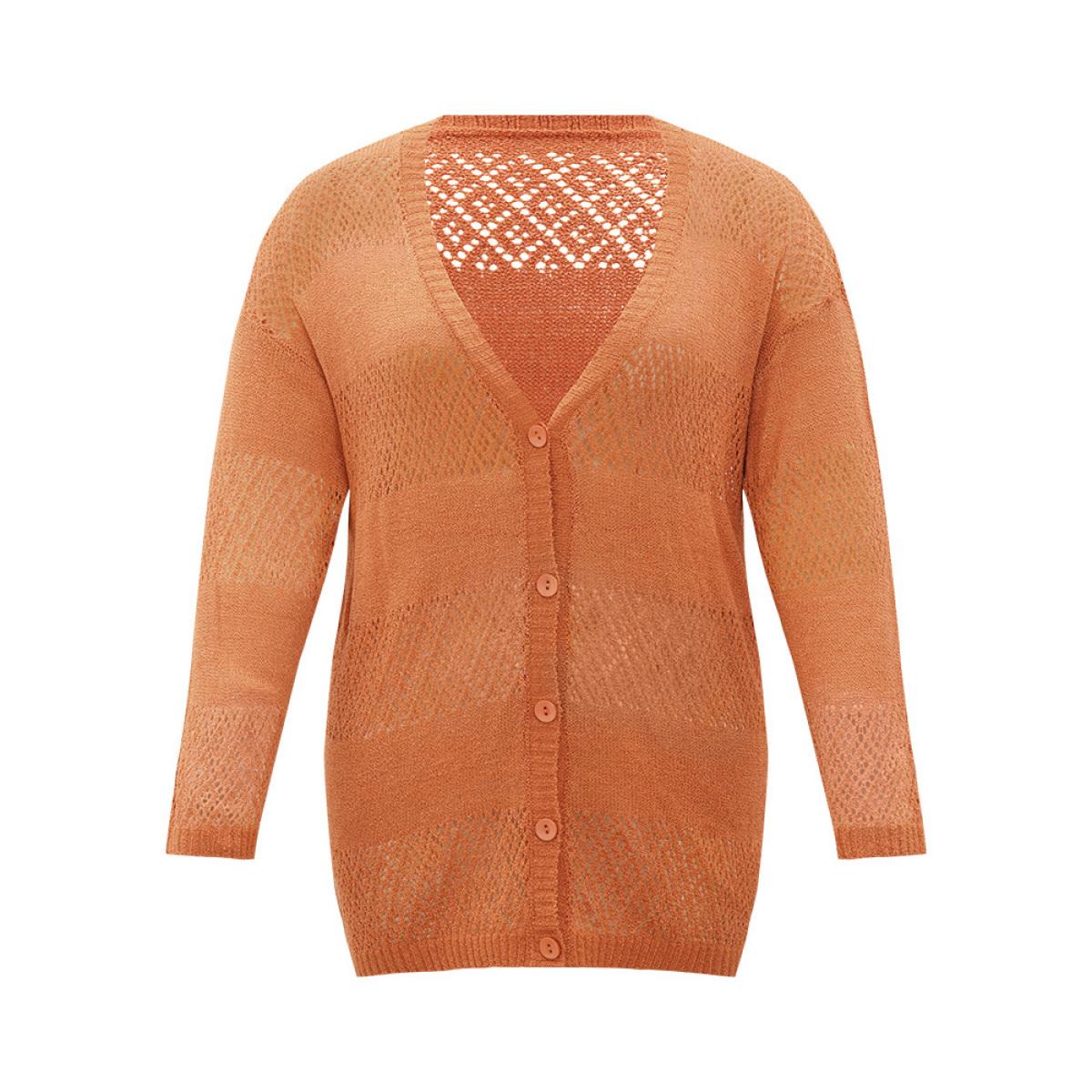 Plus Size Plain Geometric Eyelet Button Through Loose Cardigan Orange Women Casual Loose Long Sleeve Dailywear Cardigans BloomChic 22-24/3X Product Image