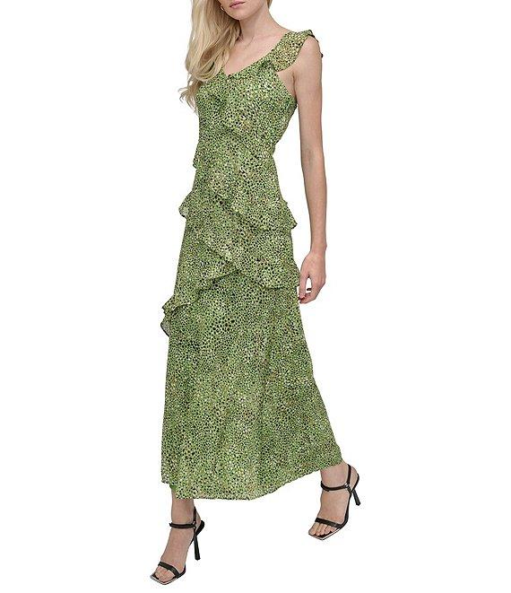 DKNY by Donna Karan Chiffon Dotted Print V Neck Sleeveless Ruffle Sheath Dress Product Image