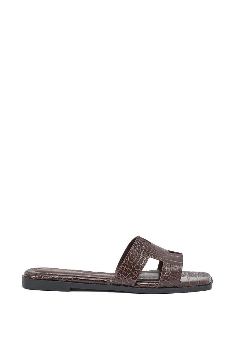 AKIRA HOWDY BROWN CROC SLIP ON FLAT SANDAL Product Image