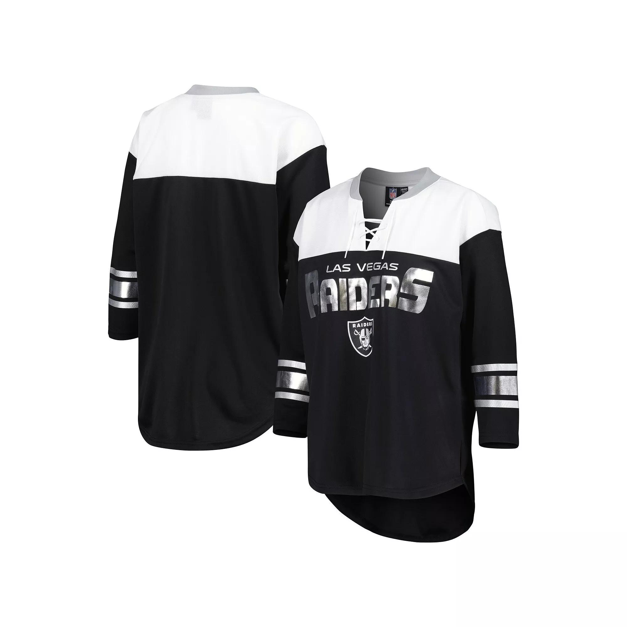 Women's G-III 4Her by Carl Banks Black/White Las Vegas Raiders Double Team 3/4-Sleeve Lace-Up T-Shirt, Size: Small, Lvr Black Product Image