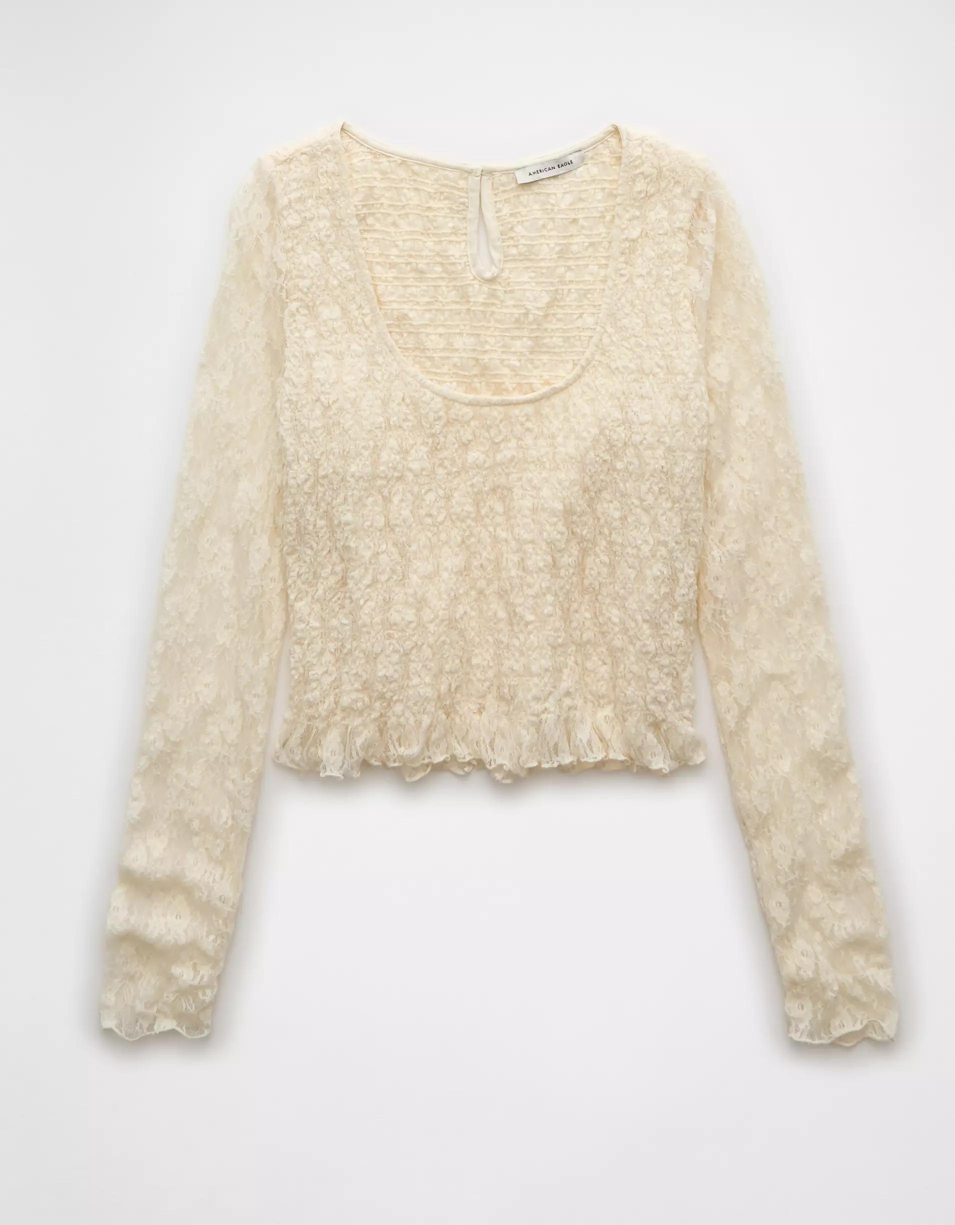 AE Long-Sleeve Lace Smocked Shirt Product Image