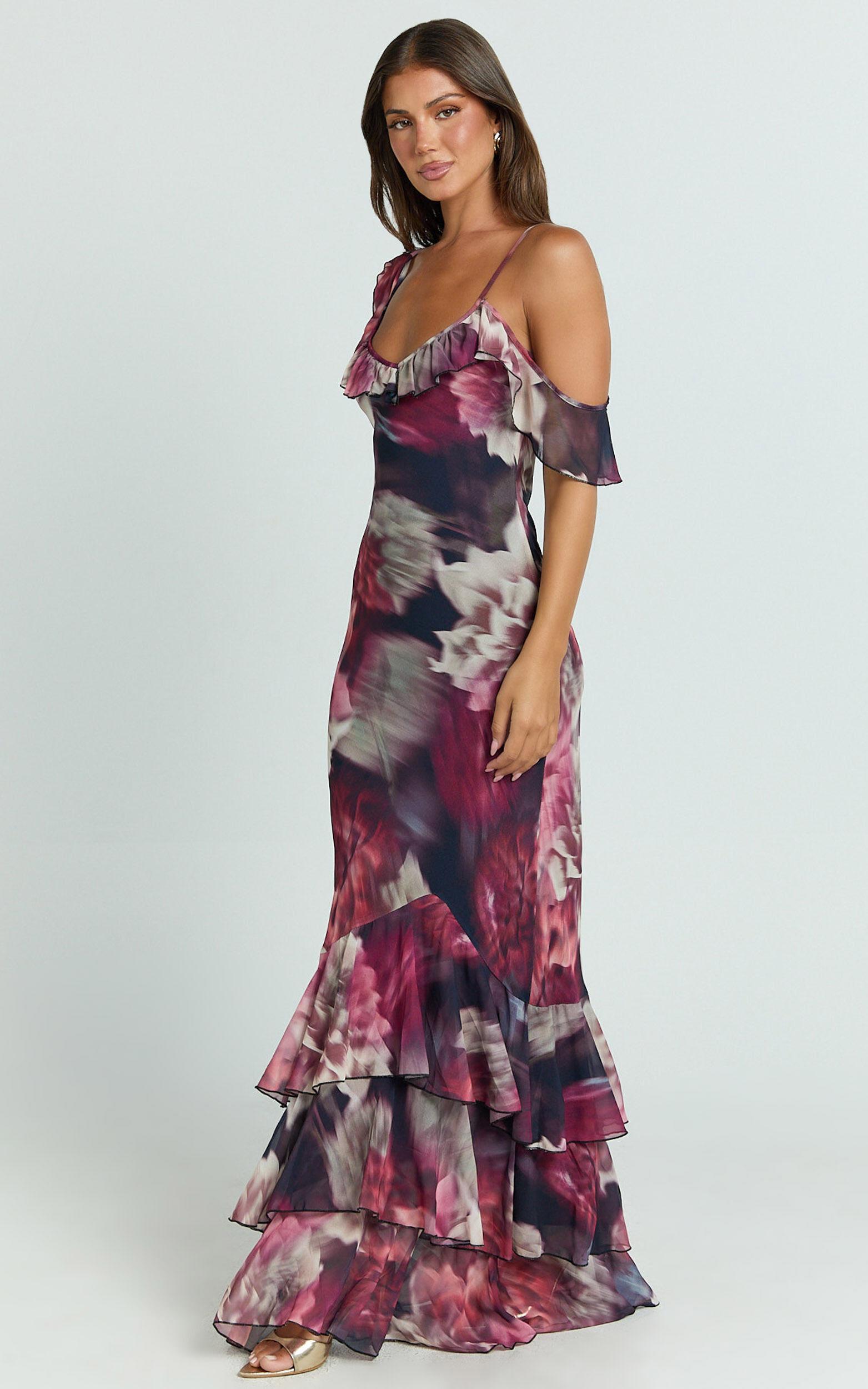 Riley Maxi Dress - Asymmetric Ruffle Detail Maxi Dress in Mariache Rose Product Image