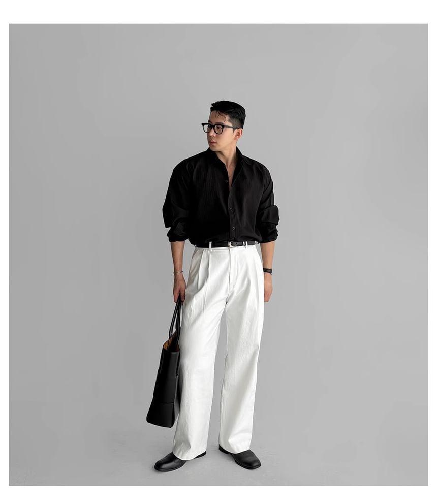 Long-Sleeve Collared Plain Button Up Shirt Product Image