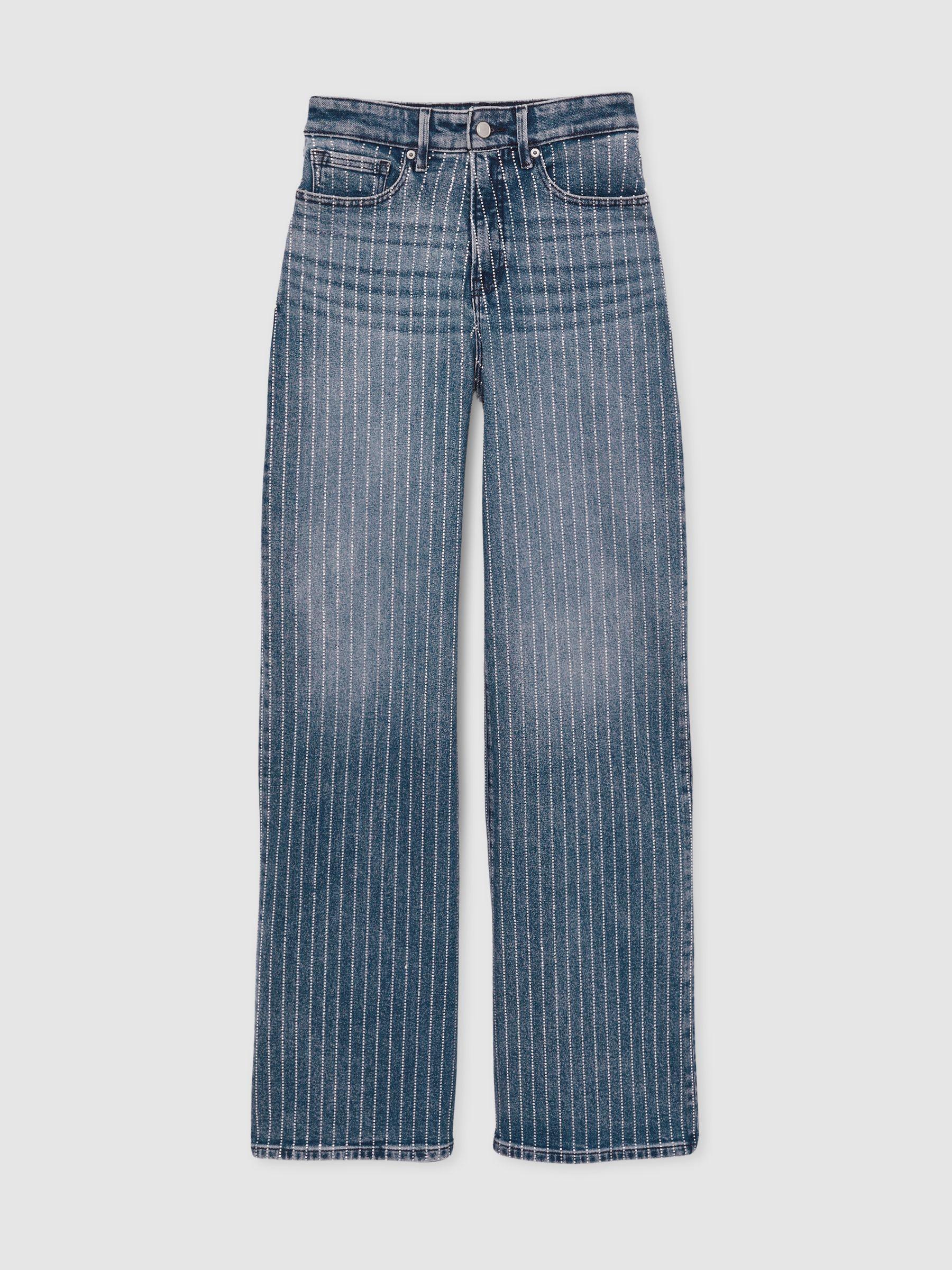 Good American Crystal-Stripe Relaxed Jeans in Light Blue Product Image