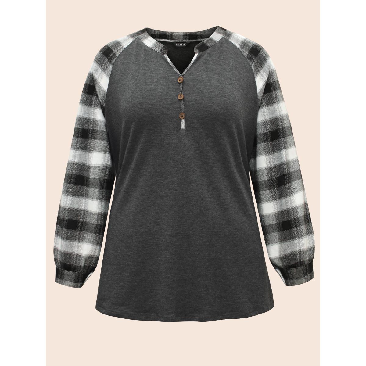 Plus Size Plaid Patchwork Notched Button Detail Sweatshirt Women DimGray Casual Patchwork Notched collar Everyday Sweatshirts BloomChic 28/5X Product Image