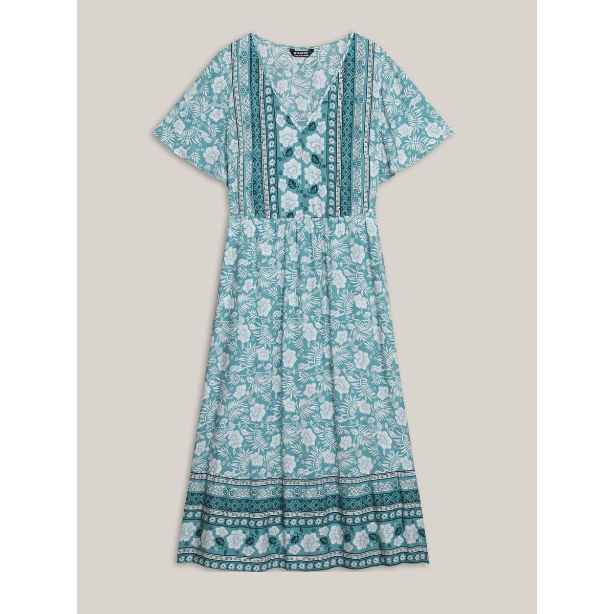 Plus Size Floral Print Stretchy Waist Pockets Midi Dress Stone Women Resort Non V-neck Short sleeve Curvy BloomChic 10/M Product Image