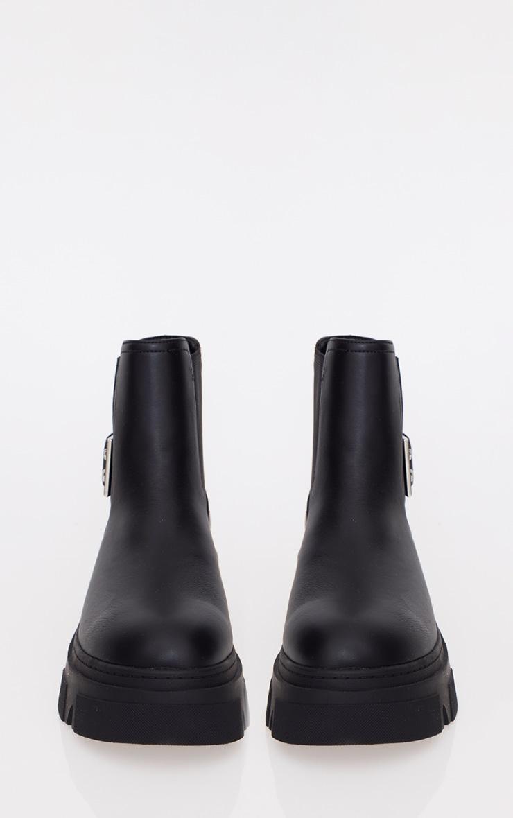 Black PU Round Toe Silver Buckle Chunky Sole Ankle Boots Product Image