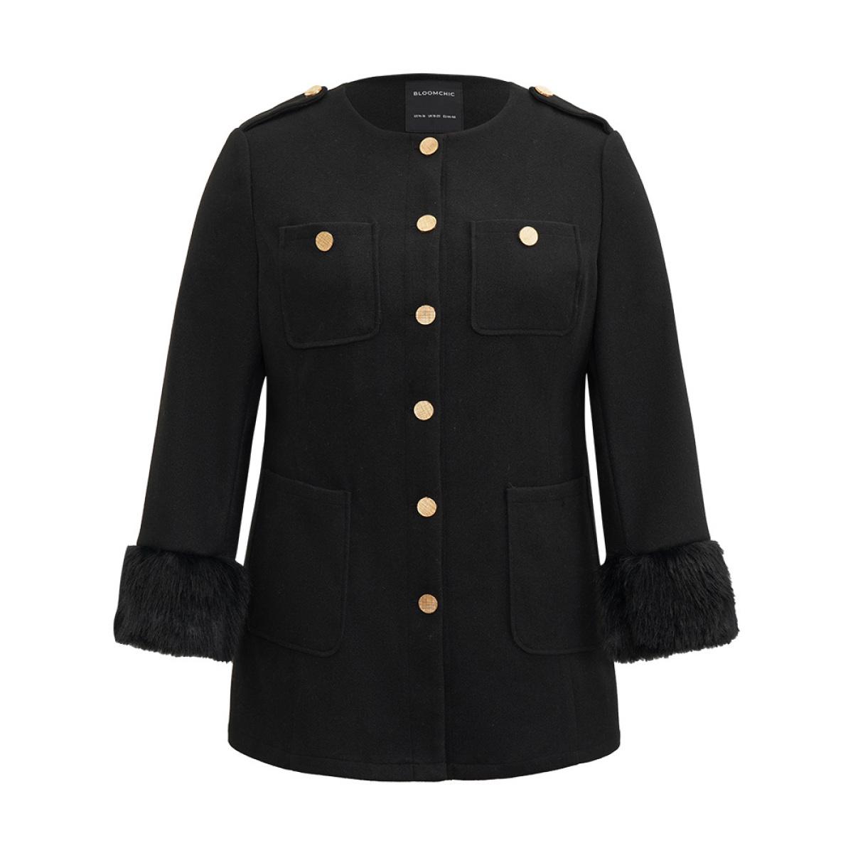 Plus Size Solid Fuzzy Sleeve Pocket Metal Detail Coat Women Black Casual Plain Ladies Dailywear Winter Coats BloomChic 26/4X Product Image