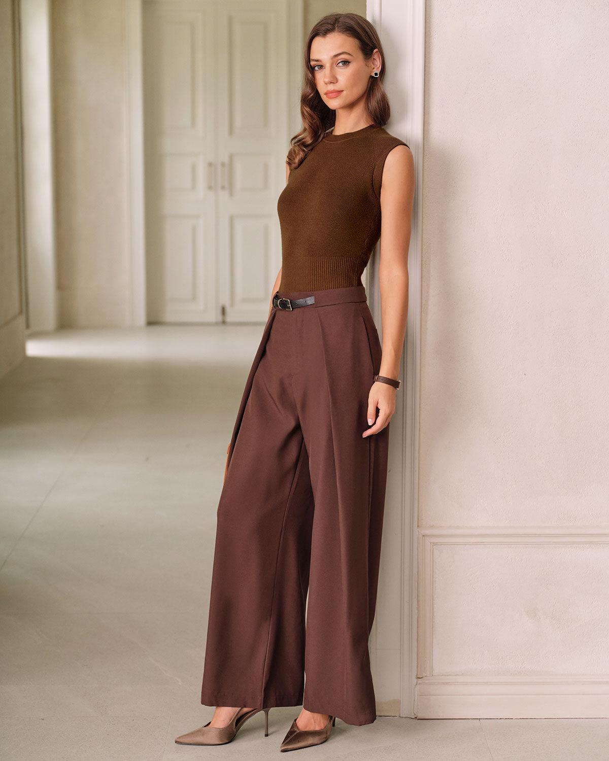 Brown Round Neck Knit Tank Top Product Image