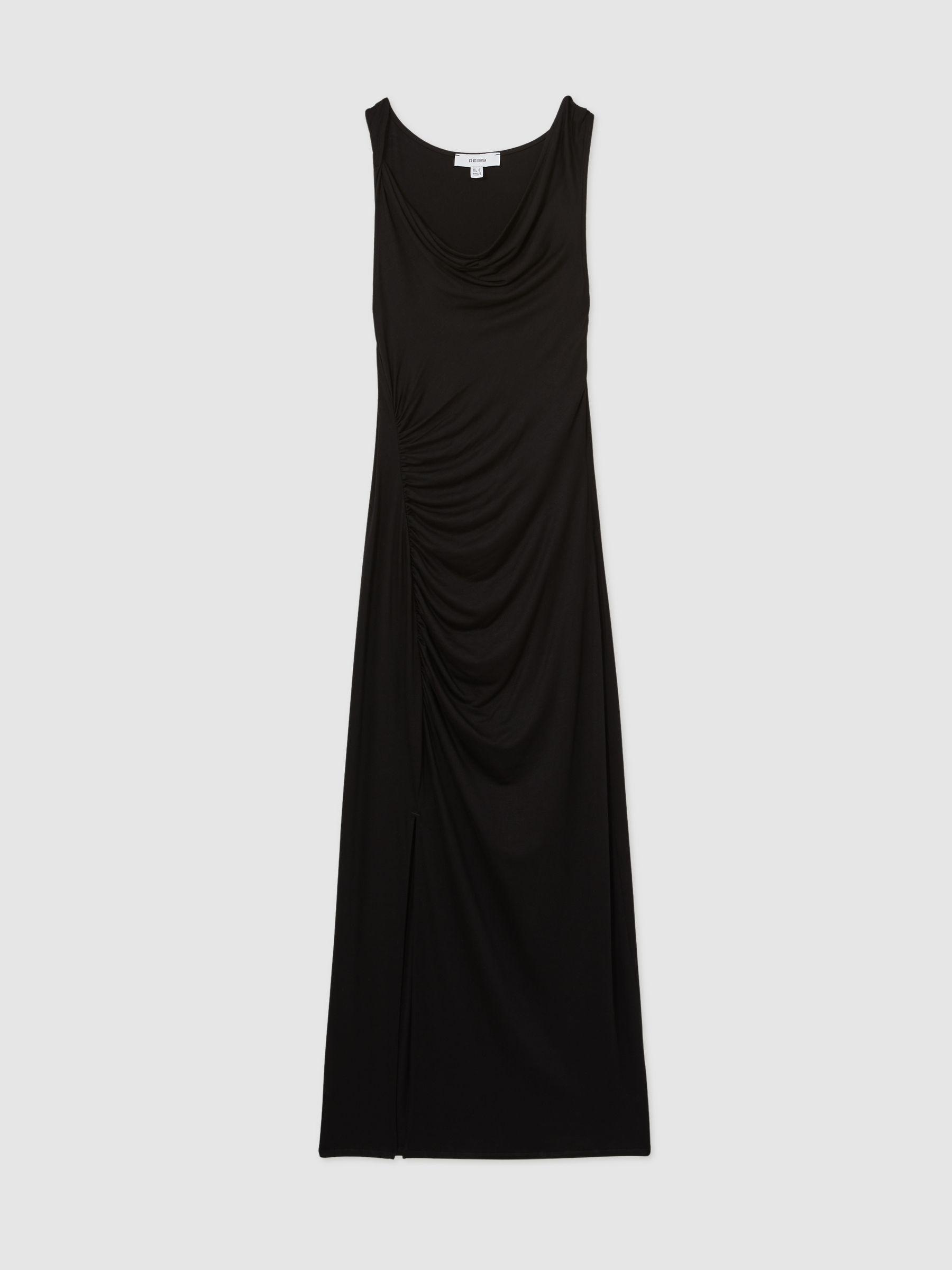 Cowl-Neck Ruched Jersey Midi Dress in Black Product Image