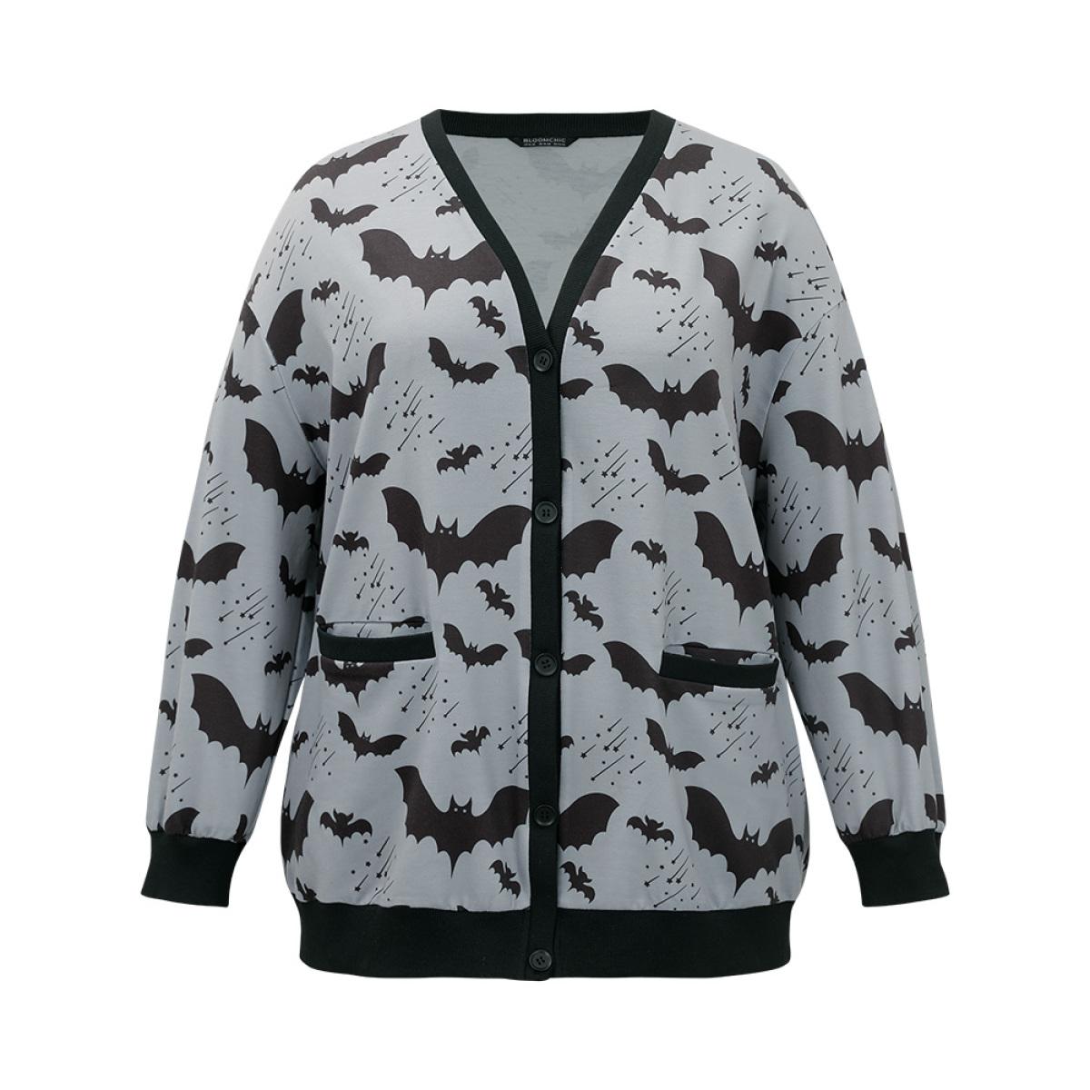 Plus Size Halloween Bat Print Pocket Button Up Rib Knit Coat Women DarkGray Casual Elastic cuffs Ladies Dailywear Winter Coats BloomChic 26/4X Product Image