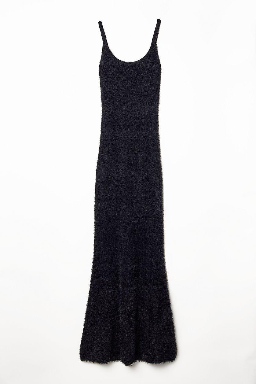 A-Line Fuzzy Knit Midi Dress Black Product Image