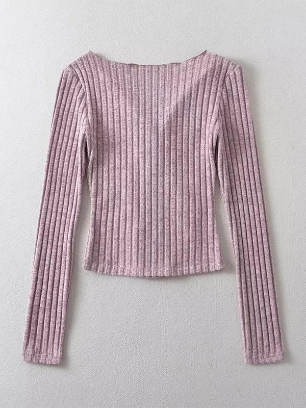 Solid Color Lapel Neck Ruched Breasted Long Sleeve Knit Product Image