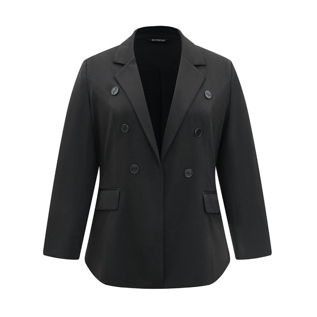Plus Size Plain Suit Collar Pocket Button Up Blazer Black Women Dailywear Plain Lined Sleeve Long Sleeve Suit Collar 18-20/2X Pocket Elegant Blazers BloomChic Product Image
