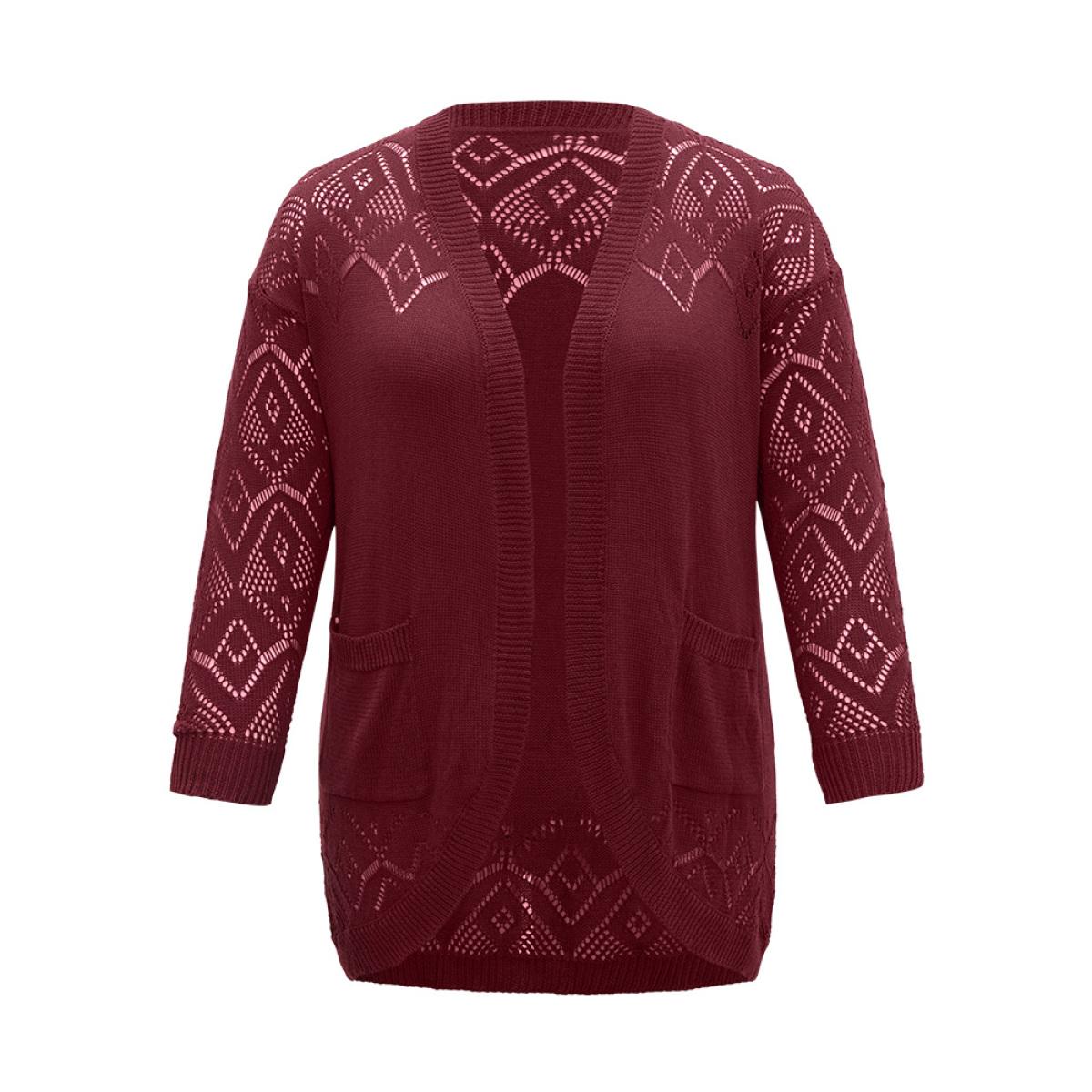 Plus Size Plain Patched Pocket Curved Hem Cardigan Burgundy Women Casual Long Sleeve Dailywear Cardigans BloomChic 28/5X Product Image