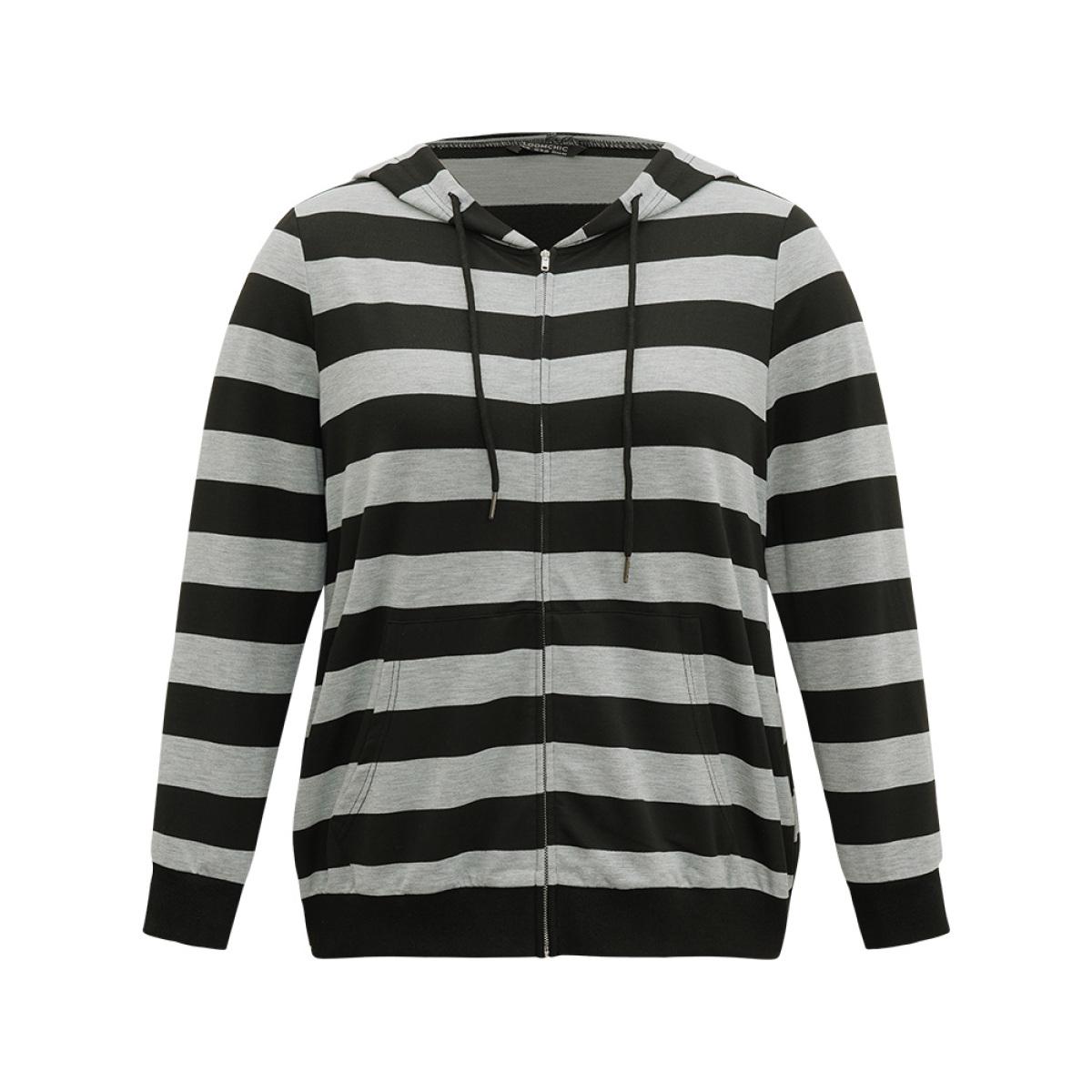 Plus Size Striped Hooded Pocket Zipper Sweatshirt Women Black Casual Elastic cuffs Hooded Festival-Halloween Sweatshirts BloomChic 22-24/3X Product Image