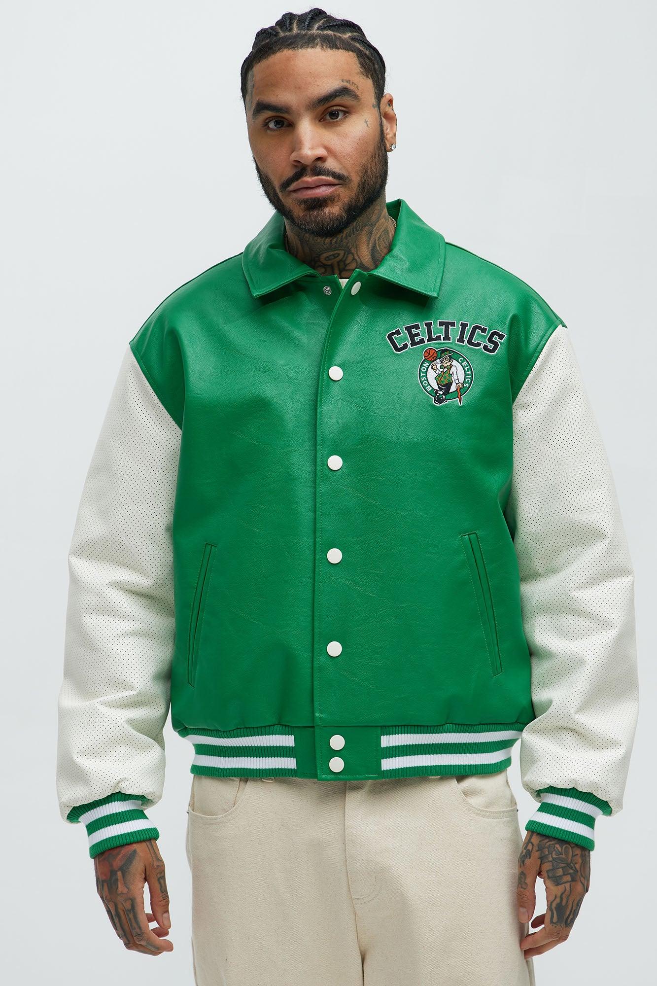 Celtics Top Dawg Faux Leather Collared Varsity Jacket - Kelly Green Product Image