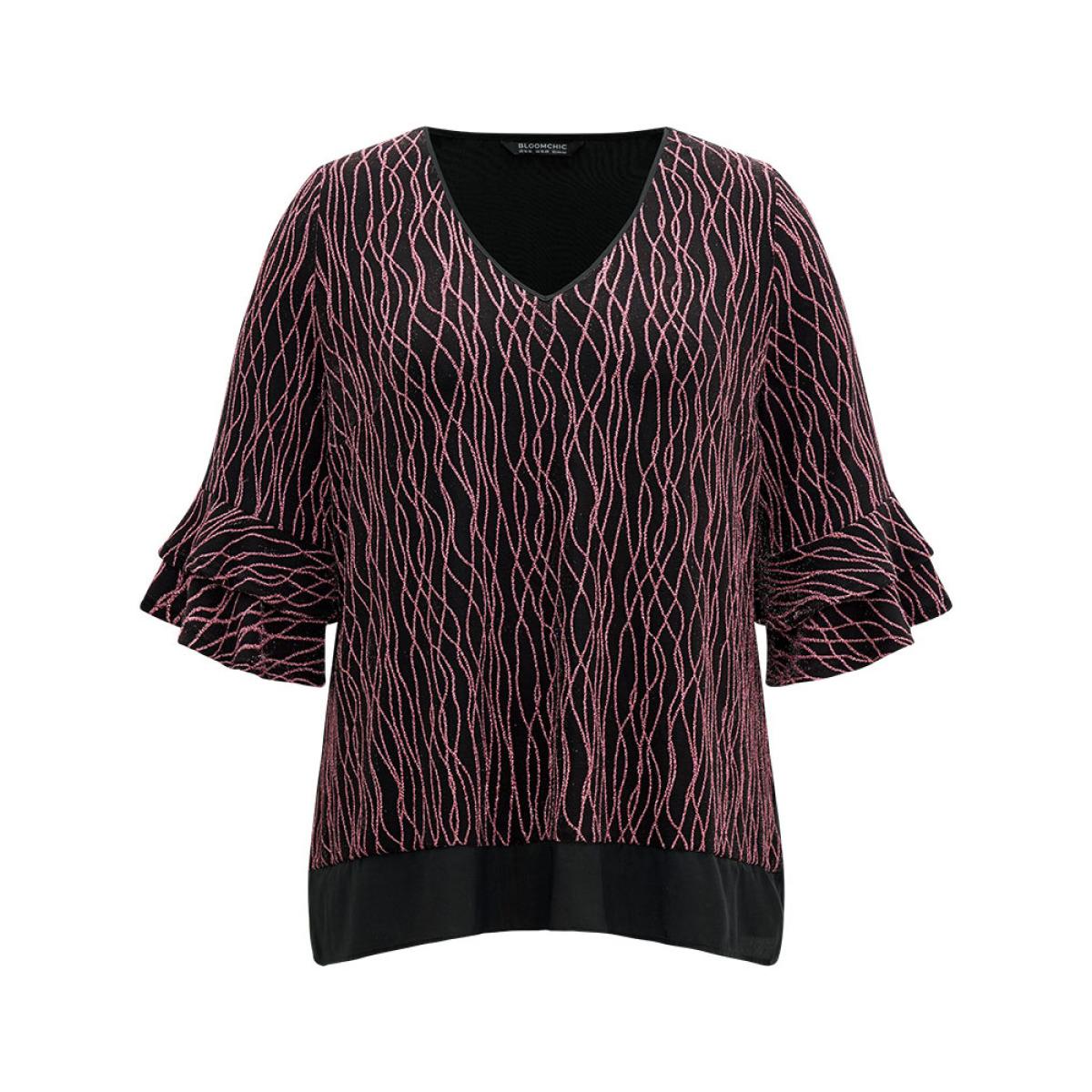 Plus Size Black Lurex Layered Ruffle Sleeve Patchwork Blouse Women Glamour Elbow-length sleeve V-neck Festival-Christmas Blouses BloomChic 10/M Product Image