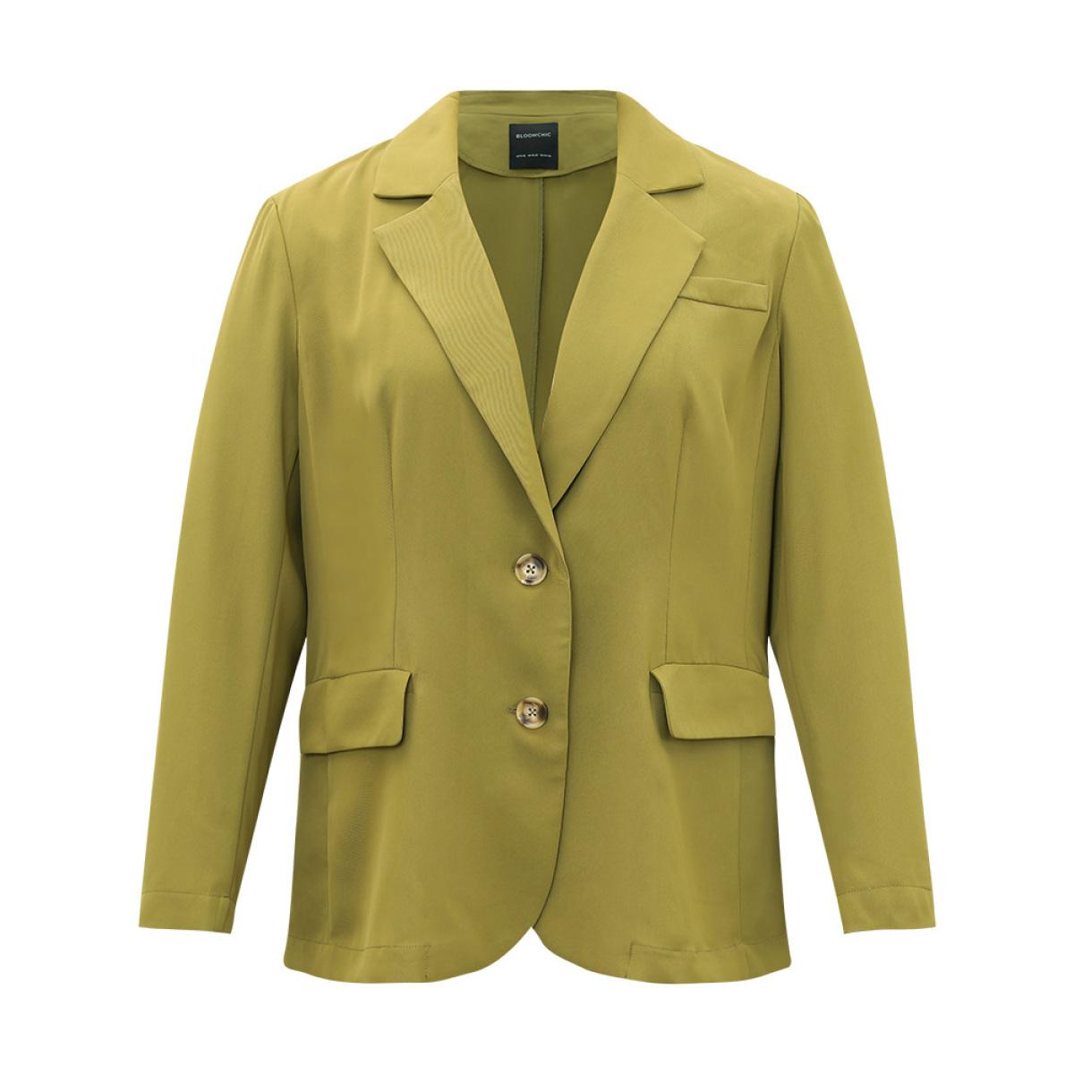 Plus Size Plain Pocket Button Up Suit Collar Blazer Olive Women Dailywear Plain Plain Sleeve Long Sleeve Lapel Collar 28/5X Pocket Casual Blazers BloomChic Product Image