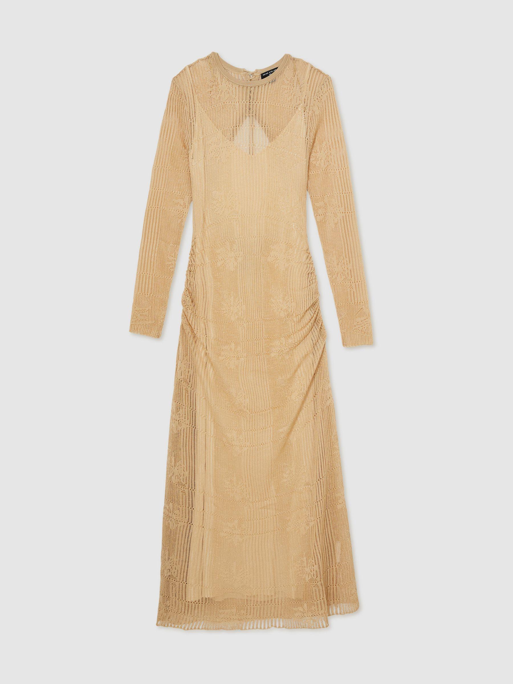 Lace-Knit Ruched Maxi Dress in Gold Product Image