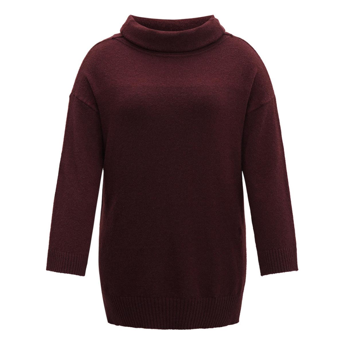 Plus Size Anti-Pilling Split Side Turtle Neck Pullover Burgundy Women Casual Loose Long Sleeve Lapel Collar Everyday Pullovers BloomChic 28/5X Product Image