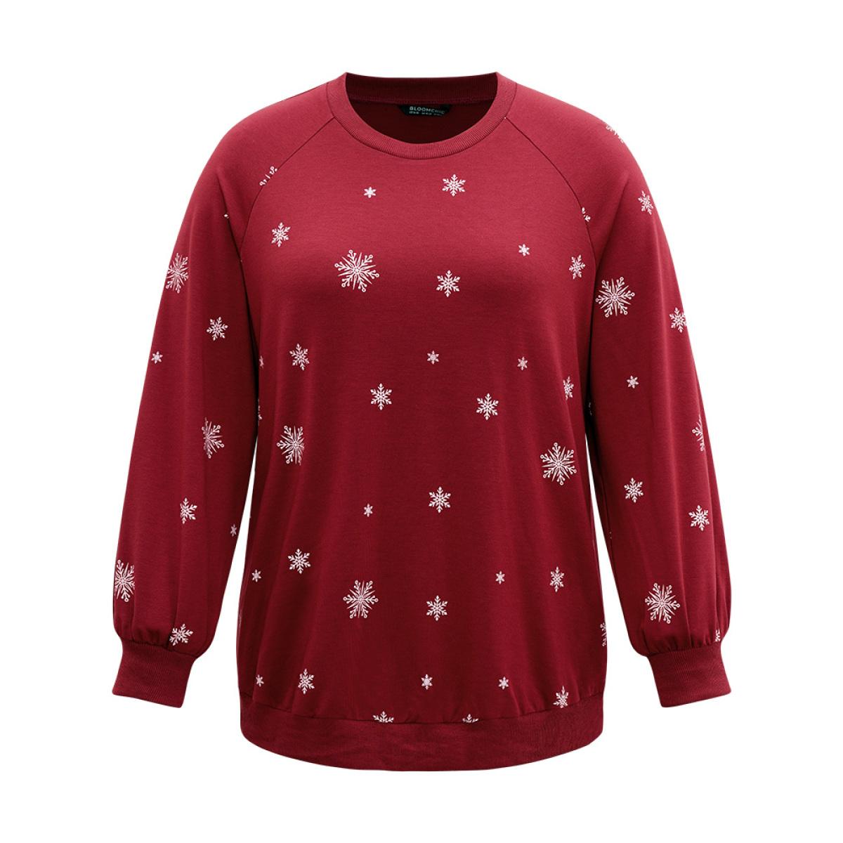 Plus Size Snowflake Print Raglan Sleeve Sweatshirt Women Red Casual Elastic cuffs Round Neck Festival-Christmas Sweatshirts BloomChic 10/M Product Image