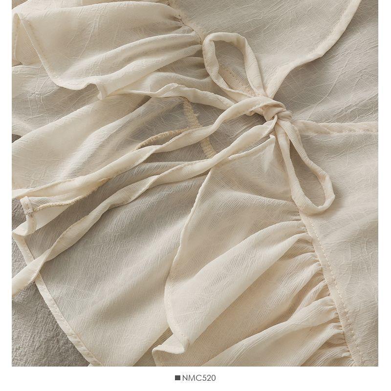 Tie-Waist Balloon-Sleeve Chiffon Cardigan Product Image