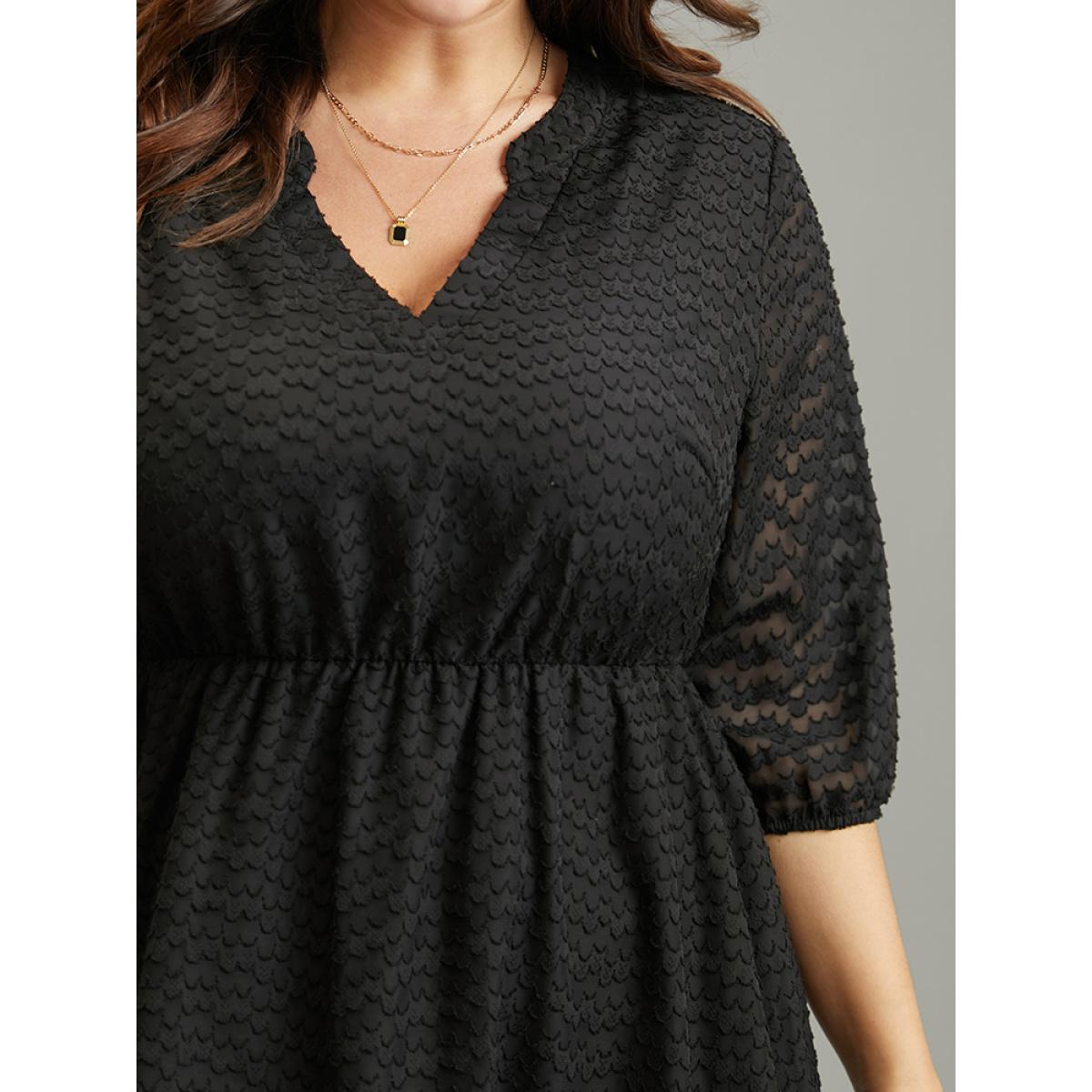 Plus Size Solid Textured Notched Elastic Waist Chiffon Dress Black Women Elegant Texture Notched collar Elbow-length sleeve Curvy Midi Dress BloomChic 22-24/3X Product Image