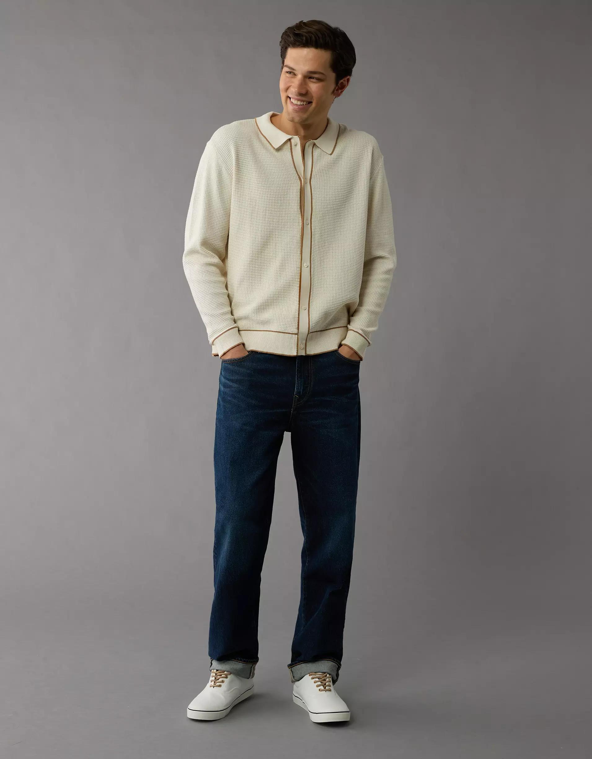 AE Long-Sleeve Tipped Waffle Sweater Polo Shirt Product Image