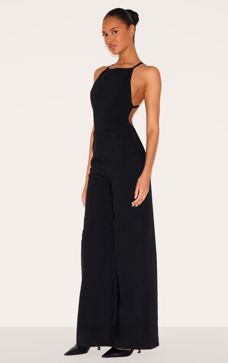 Black Stretch Woven Square Neck Wide Leg Jumpsuit Product Image