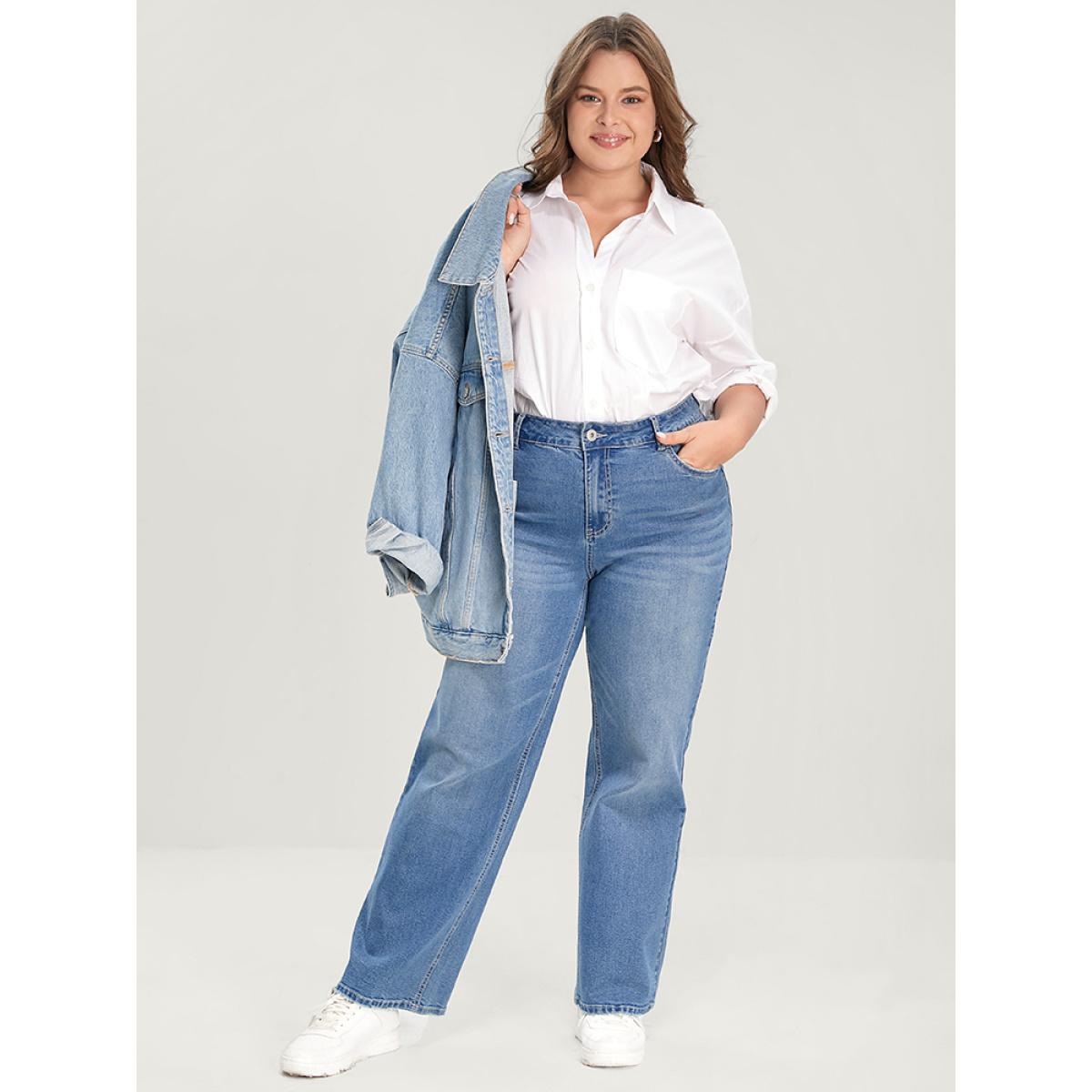 Plus Size Boyfriend Wide Leg Slightly Stretchy High Rise Medium Wash Jeans Women Stone Casual Plain Low stretch Pocket Jeans BloomChic 30/6X Product Image