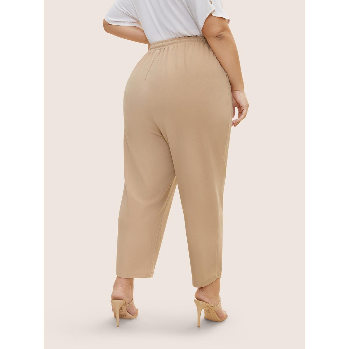 Plus Size Solid Drawstring Elastic Waist Pencil Pants Women Champagne Work From Home Mid Rise Work Pants BloomChic 18-20/2X Product Image