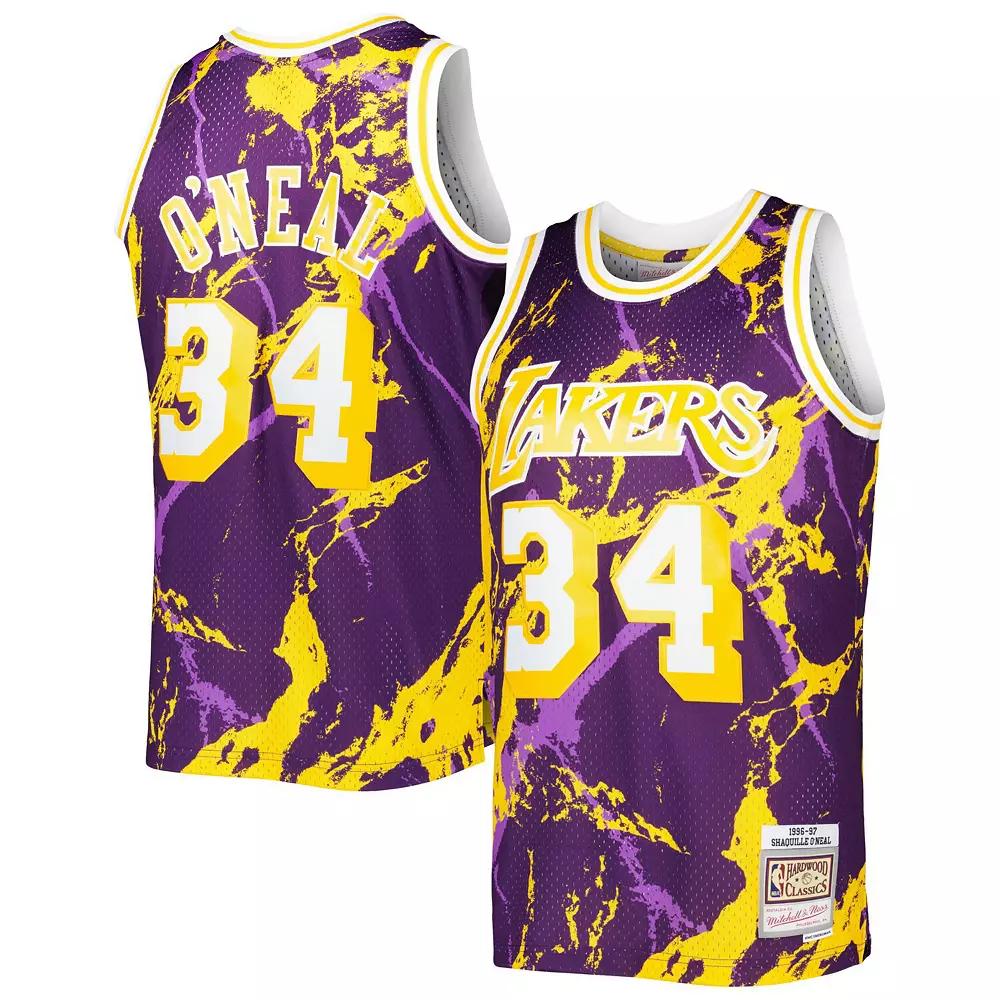 Men's Mitchell & Ness Shaquille O'Neal Purple Los Angeles Lakers 1996/97 Hardwood Classics Marble Swingman Jersey, Size: Large Product Image