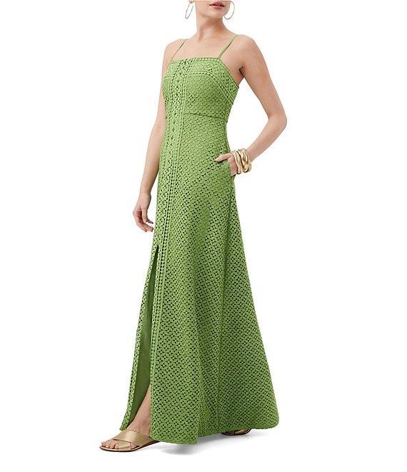 Trina Turk Akumi Geometric Lace Square Neck Sleeveless Front Slit Maxi Dress Product Image